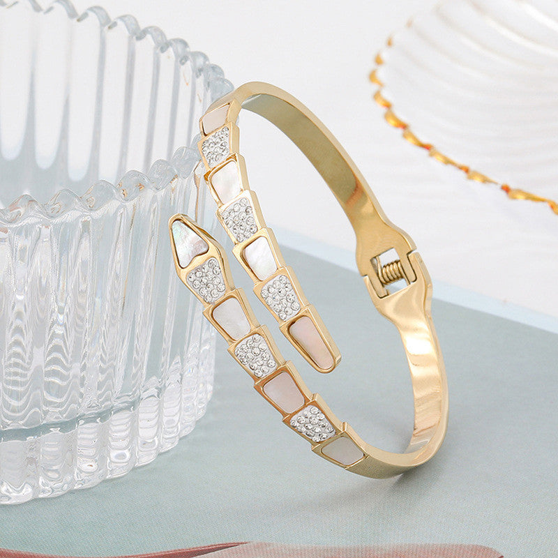 Stainless Steel Gold Plated Mother of Pearl Snake Styled AD Studded Anti-Tarnish Bracelet For Women