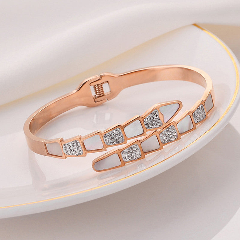 Stainless Steel Rose Gold Plated Mother of Pearl Snake Styled AD Studded Bracelet For Women