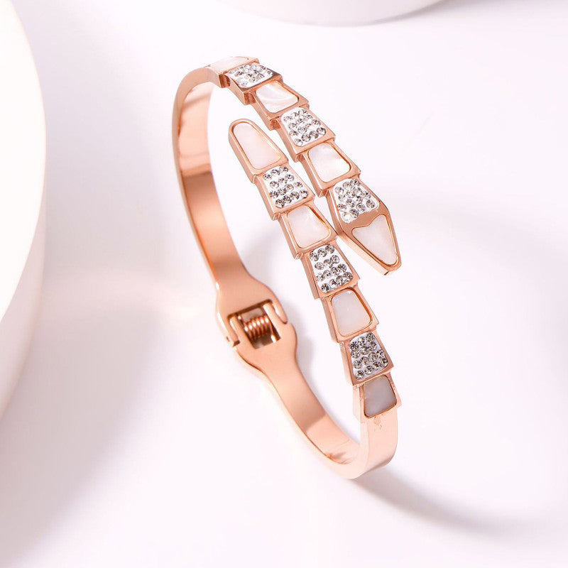 Stainless Steel Rose Gold Plated Mother of Pearl Snake Styled AD Studded Bracelet For Women