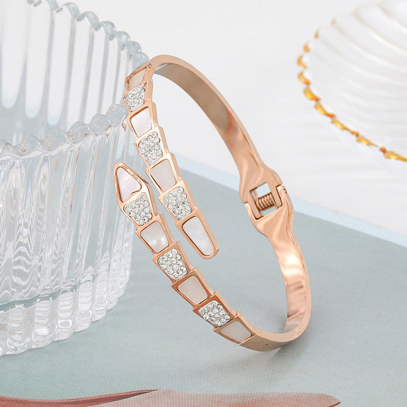 Stainless Steel Rose Gold Plated Mother of Pearl Snake Styled AD Studded Bracelet For Women