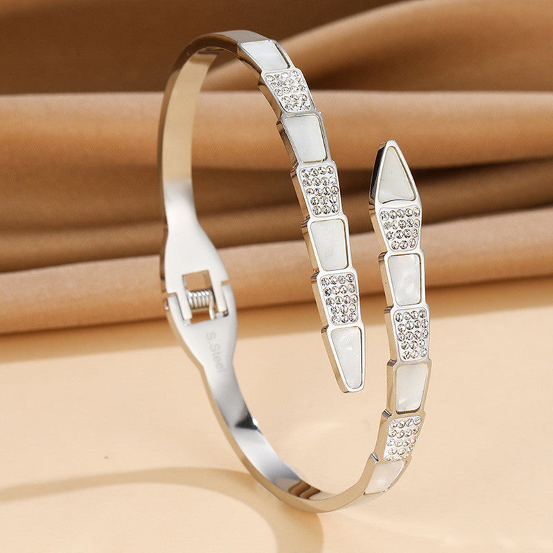 Stainless Steel Silver Plated Mother of Pearl Snake Styled AD Studded Anti-Tarnish Bracelet For Women