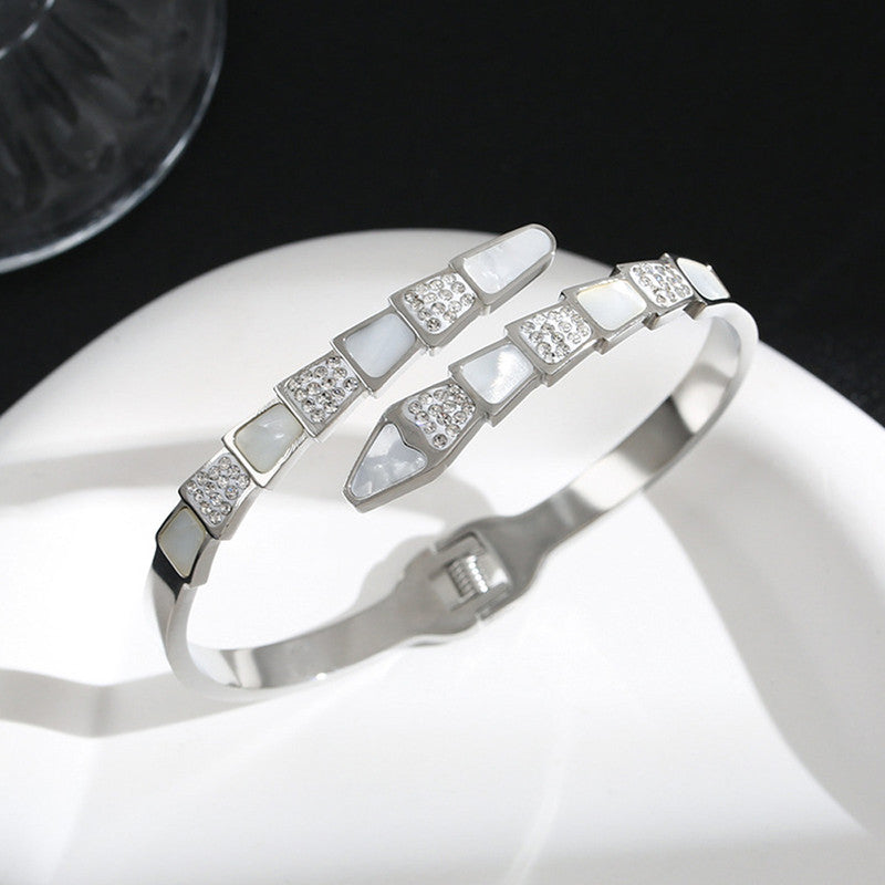 Stainless Steel Silver Plated Mother of Pearl Snake Styled AD Studded Anti-Tarnish Bracelet For Women