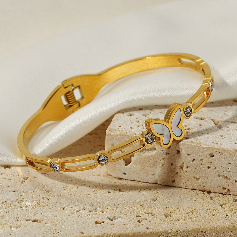 Stainless Steel Gold Plated Butterfly inspired Mother of Pearls Contemporary Anti-Tarnish Bracelet For Women