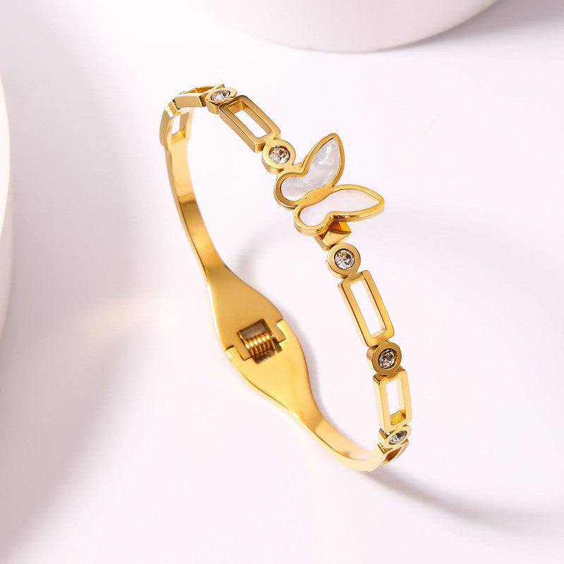 Stainless Steel Gold Plated Butterfly inspired Mother of Pearls Contemporary Anti-Tarnish Bracelet For Women