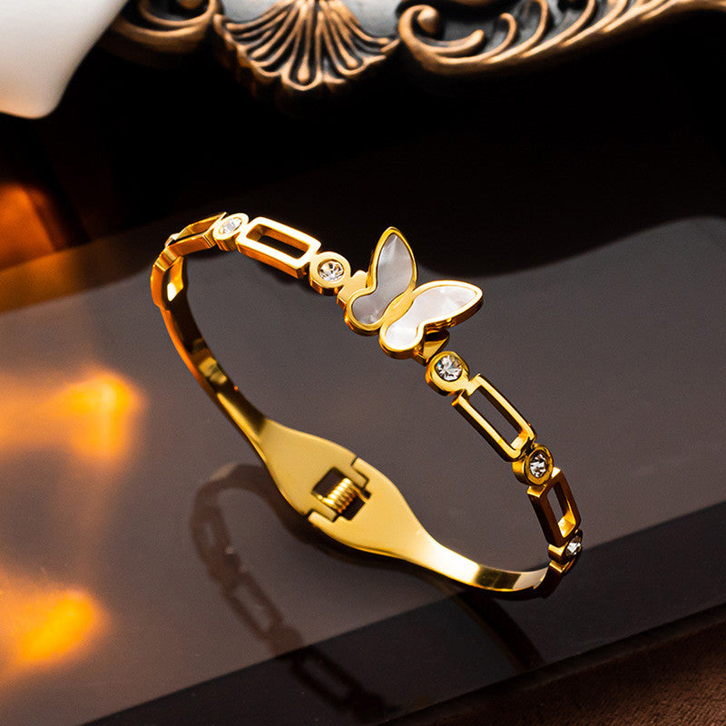 Stainless Steel Gold Plated Butterfly inspired Mother of Pearls Contemporary Anti-Tarnish Bracelet For Women