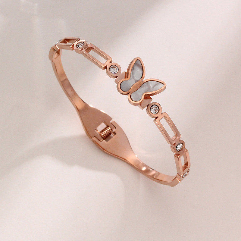 Stainless Steel Rose Gold Plated Butterfly inspired Mother of Pearls Contemporary Bracelet For Women