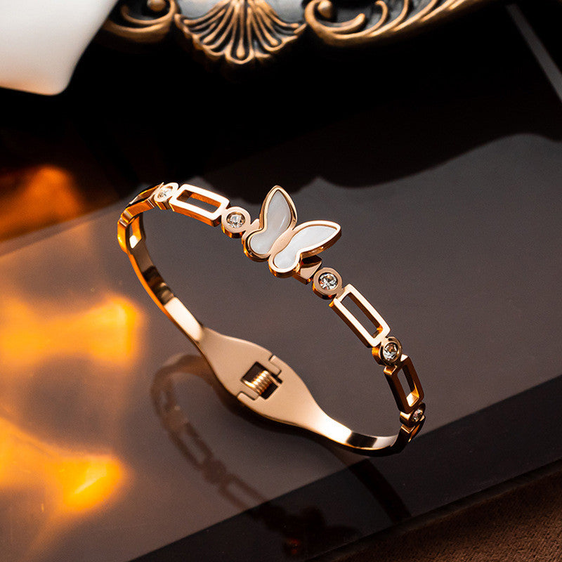 Stainless Steel Rose Gold Plated Butterfly inspired Mother of Pearls Contemporary Bracelet For Women