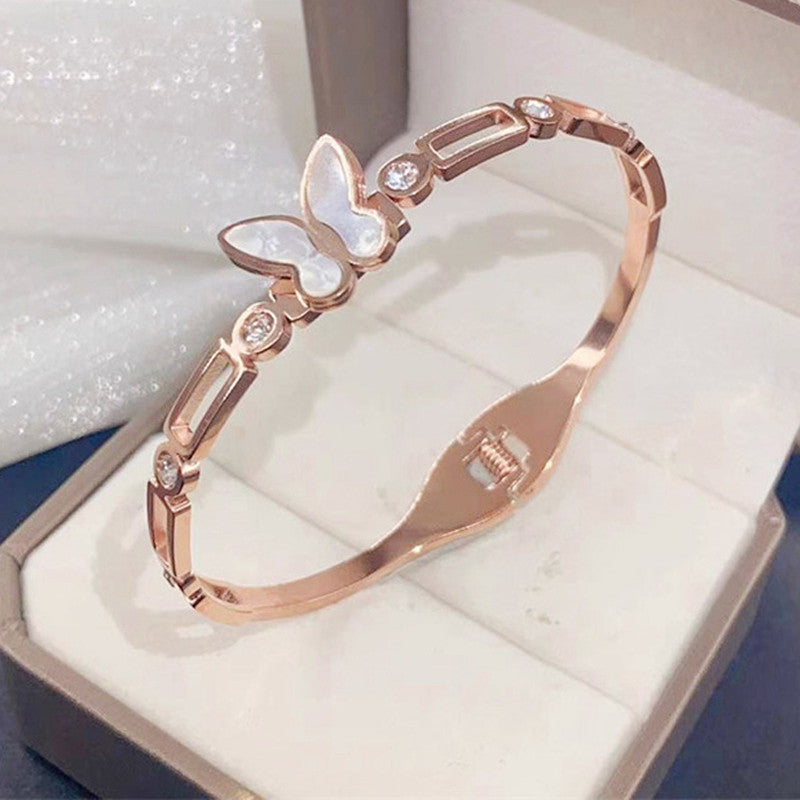 Stainless Steel Rose Gold Plated Butterfly inspired Mother of Pearls Contemporary Bracelet For Women