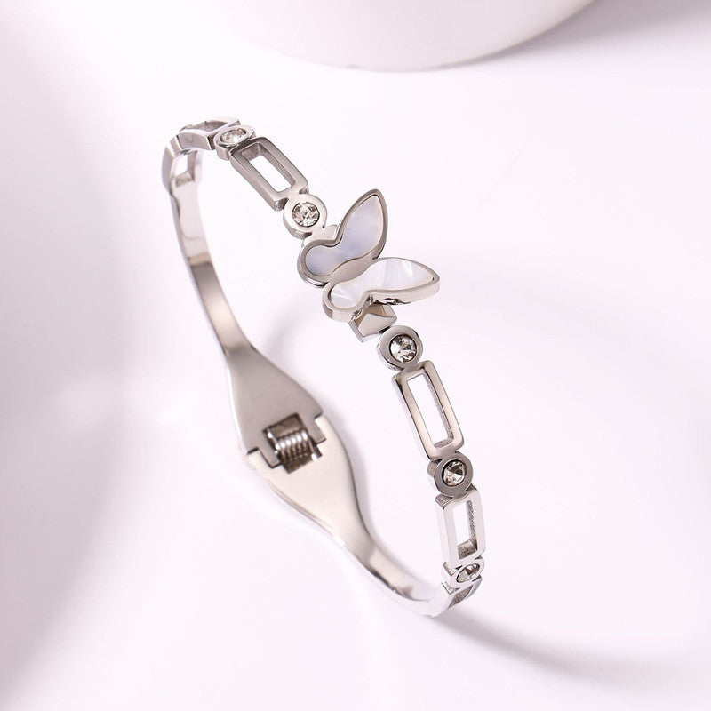 Stainless Steel Silver Plated Butterfly inspired Mother of Pearls Contemporary Anti-Tarnish Bracelet For Women