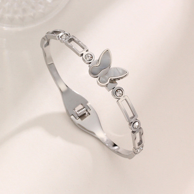 Stainless Steel Silver Plated Butterfly inspired Mother of Pearls Contemporary Anti-Tarnish Bracelet For Women