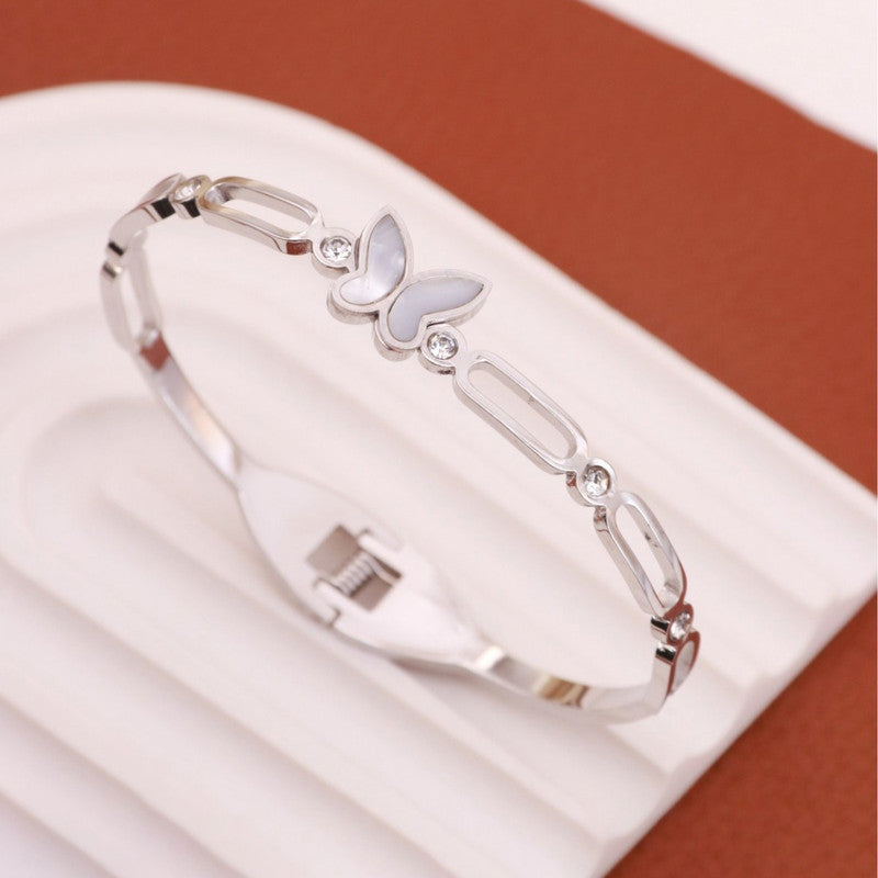 Stainless Steel Silver Plated Butterfly inspired Mother of Pearls Contemporary Anti-Tarnish Bracelet For Women