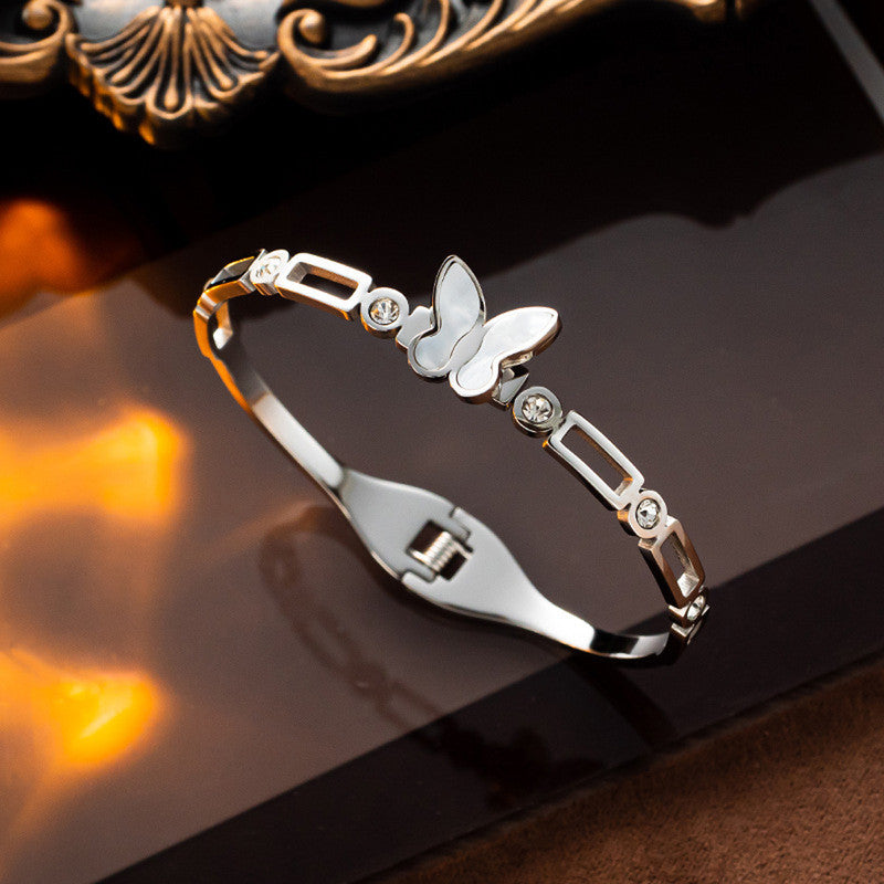 Stainless Steel Silver Plated Butterfly inspired Mother of Pearls Contemporary Anti-Tarnish Bracelet For Women