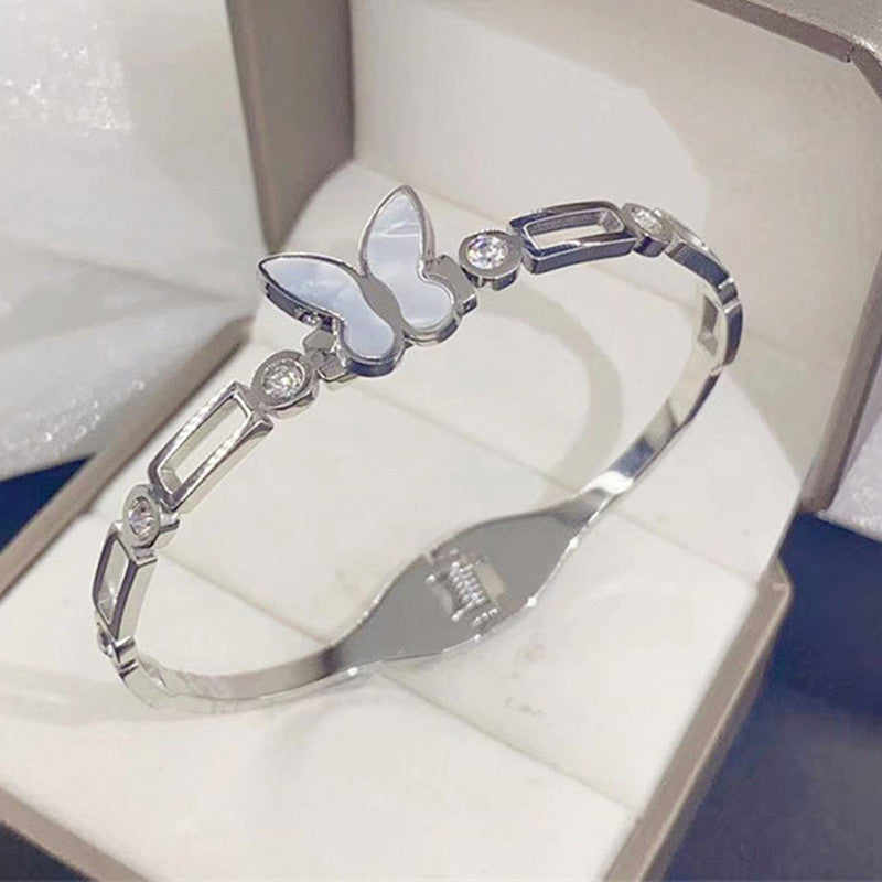 Stainless Steel Silver Plated Butterfly inspired Mother of Pearls Contemporary Anti-Tarnish Bracelet For Women