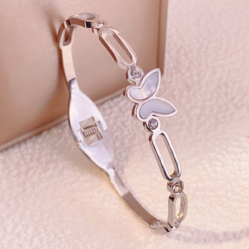 Stainless Steel Silver Plated Butterfly inspired Mother of Pearls Contemporary Anti-Tarnish Bracelet For Women