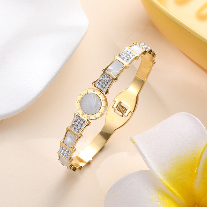 Stainless Steel Gold Plated Mother of Pearl AD Studded Anti-Tarnish Bracelet For Women