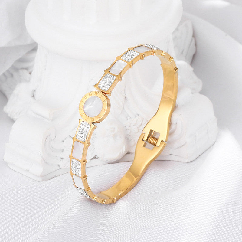 Stainless Steel Gold Plated Mother of Pearl AD Studded Anti-Tarnish Bracelet For Women