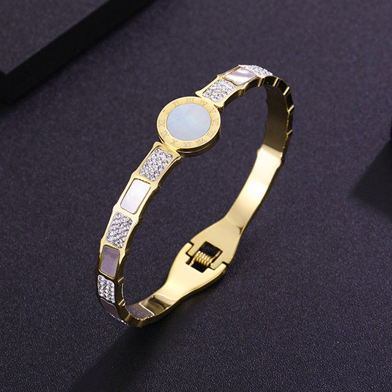 Stainless Steel Gold Plated Mother of Pearl AD Studded Anti-Tarnish Bracelet For Women