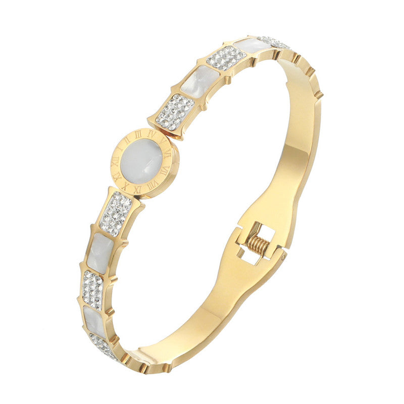 Stainless Steel Gold Plated Mother of Pearl AD Studded Anti-Tarnish Bracelet For Women