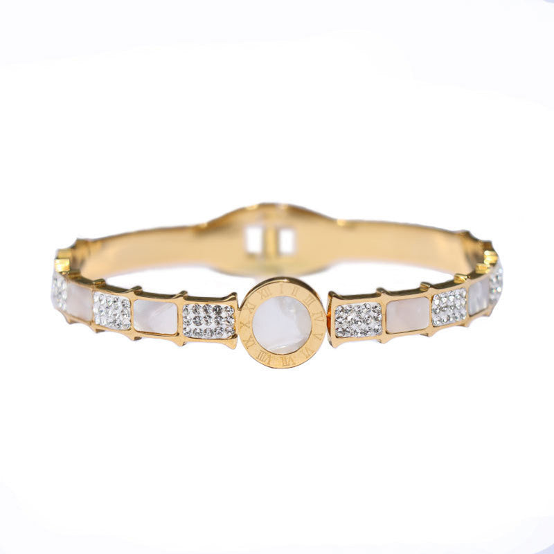 Stainless Steel Gold Plated Mother of Pearl AD Studded Anti-Tarnish Bracelet For Women