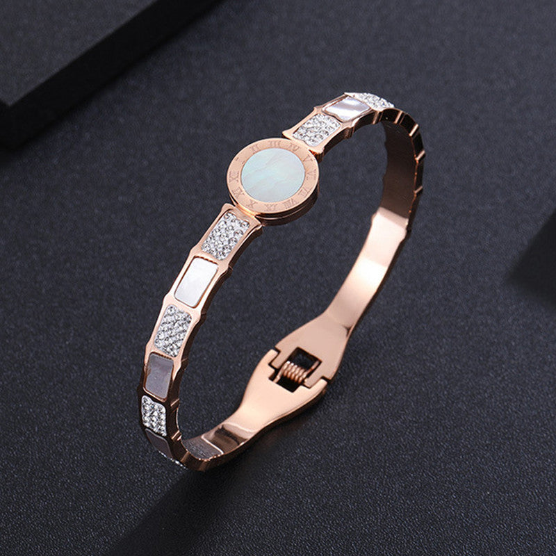 Stainless Steel Rose Gold Plated Mother of Pearl AD Studded Bracelet For Women