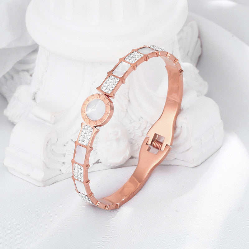 Stainless Steel Rose Gold Plated Mother of Pearl AD Studded Bracelet For Women