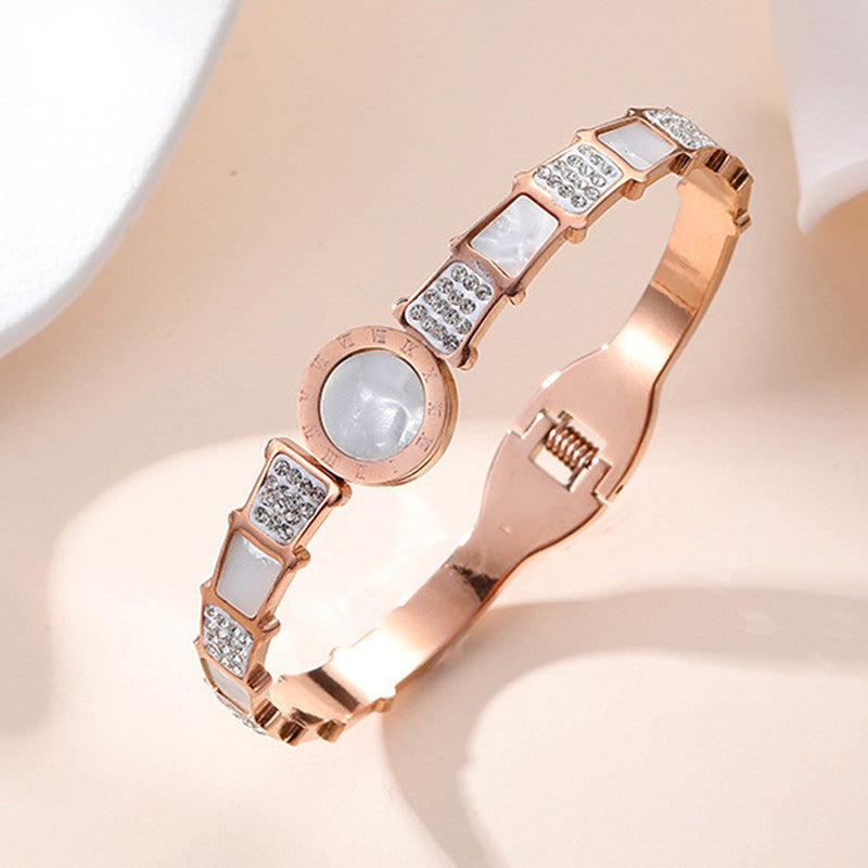 Stainless Steel Rose Gold Plated Mother of Pearl AD Studded Bracelet For Women