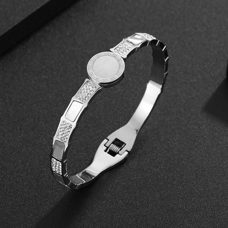 Stainless Steel Silver Plated Mother of Pearl AD Studded Anti-Tarnish Bracelet For Women