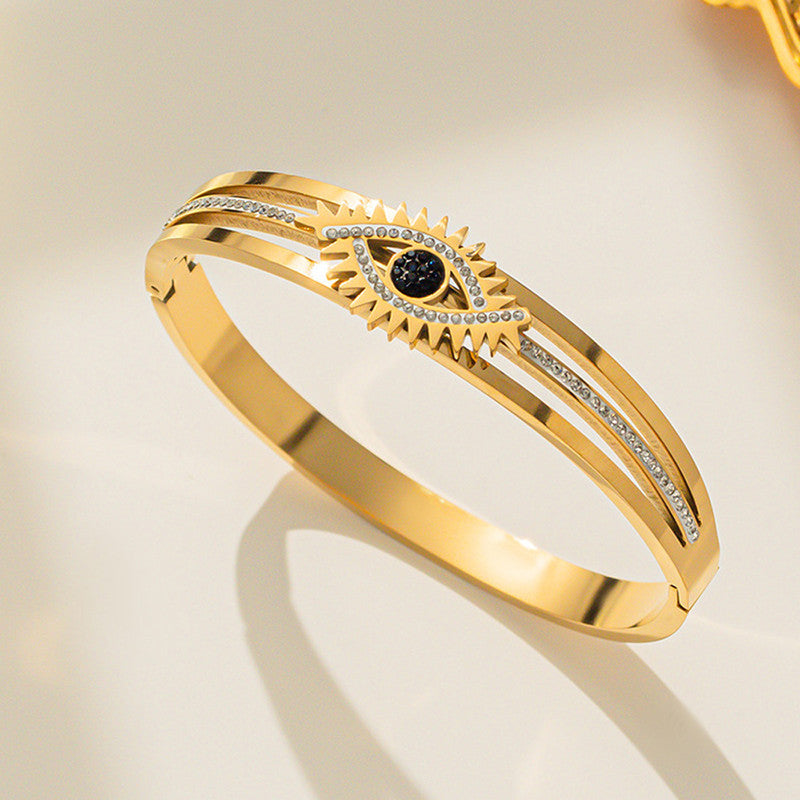 Stainless Steel Gold Plated American Diamond Studded Evil Eye Anti-Tarnish Bracelet For Women