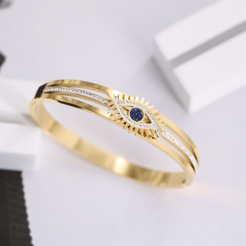 Stainless Steel Gold Plated American Diamond Studded Evil Eye Anti-Tarnish Bracelet For Women