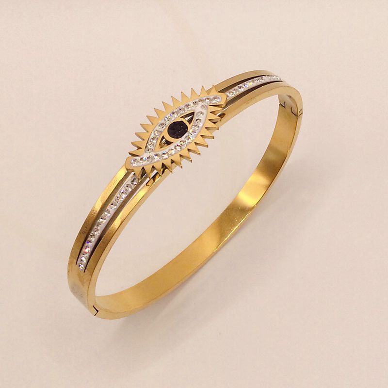 Stainless Steel Gold Plated American Diamond Studded Evil Eye Anti-Tarnish Bracelet For Women