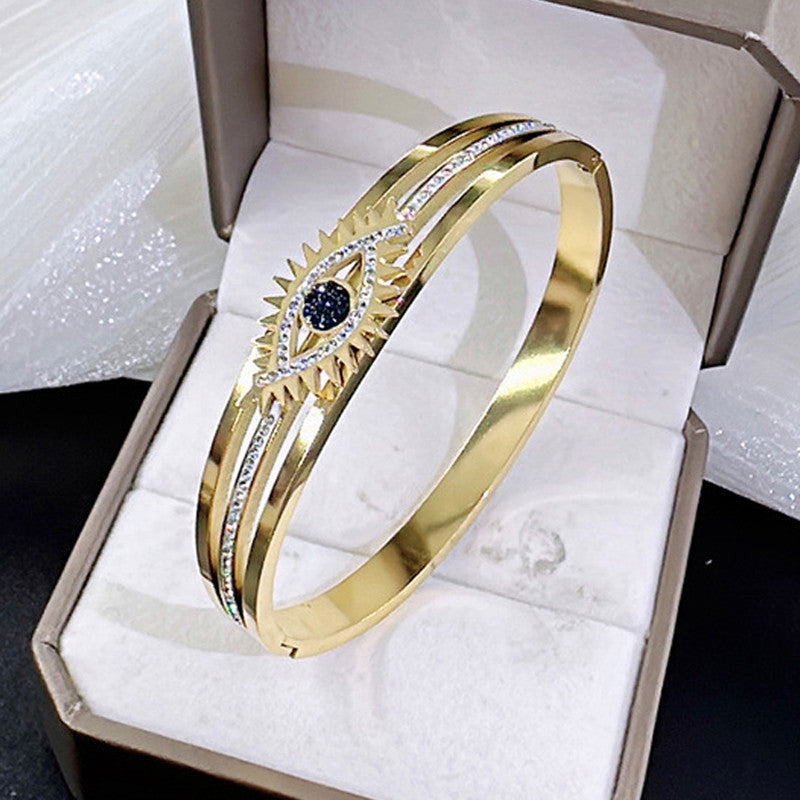 Stainless Steel Gold Plated American Diamond Studded Evil Eye Anti-Tarnish Bracelet For Women