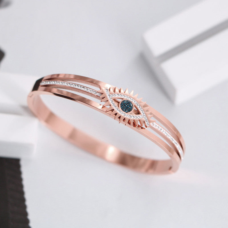 Stainless Steel Rose Gold Plated American Diamond Studded Evil Eye Bracelet For Women