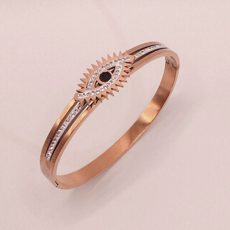 Stainless Steel Rose Gold Plated American Diamond Studded Evil Eye Bracelet For Women