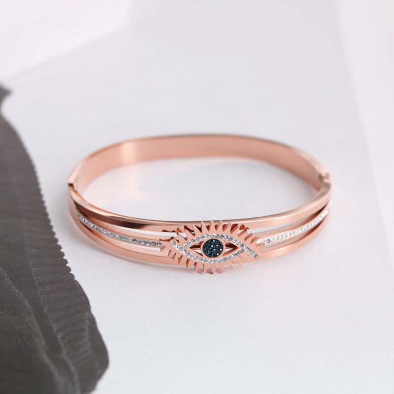 Stainless Steel Rose Gold Plated American Diamond Studded Evil Eye Bracelet For Women