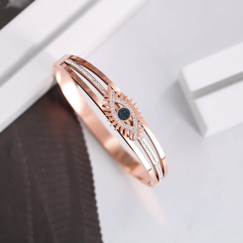 Stainless Steel Rose Gold Plated American Diamond Studded Evil Eye Bracelet For Women