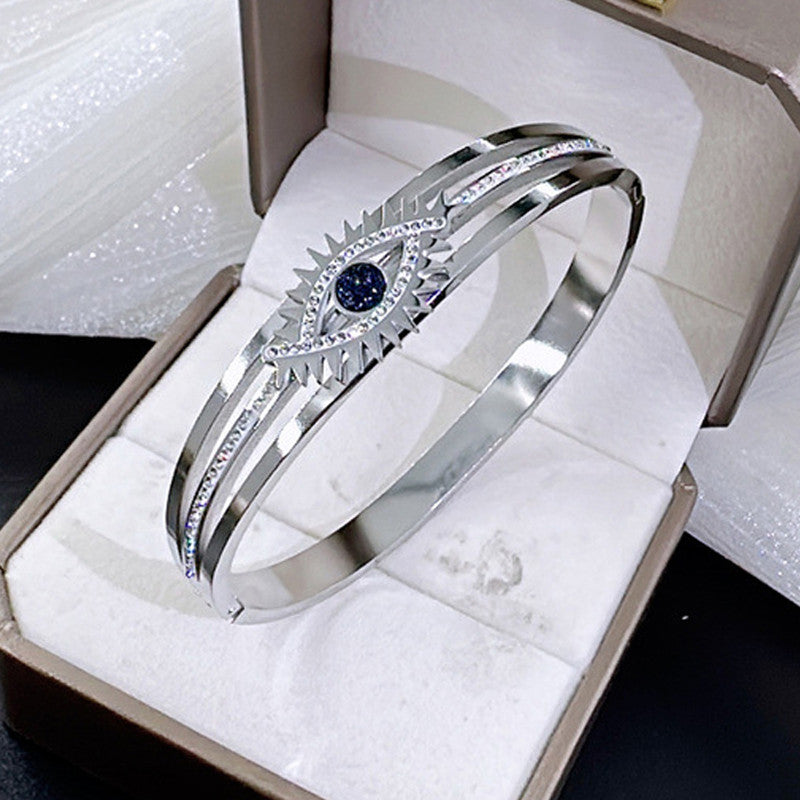 Stainless Steel Silver Plated American Diamond Studded Evil Eye Anti-Tarnish Bracelet For Women