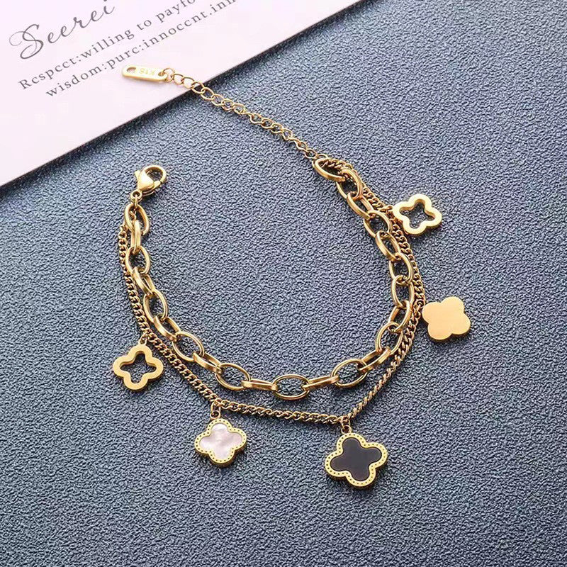 Stainless Steel Gold Plated Mother of Pearls Clover Wraparound Anti-Tarnish Bracelet For Women