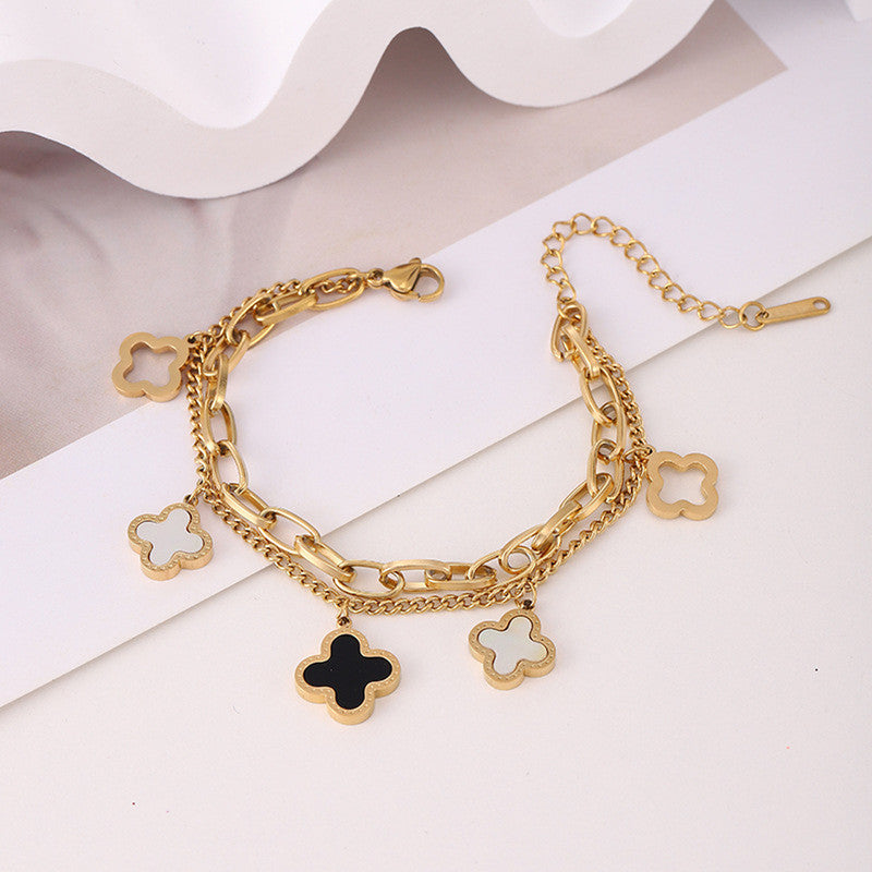 Stainless Steel Gold Plated Mother of Pearls Clover Wraparound Anti-Tarnish Bracelet For Women