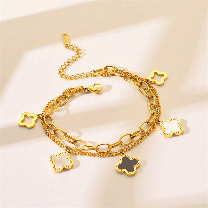 Stainless Steel Gold Plated Mother of Pearls Clover Wraparound Anti-Tarnish Bracelet For Women