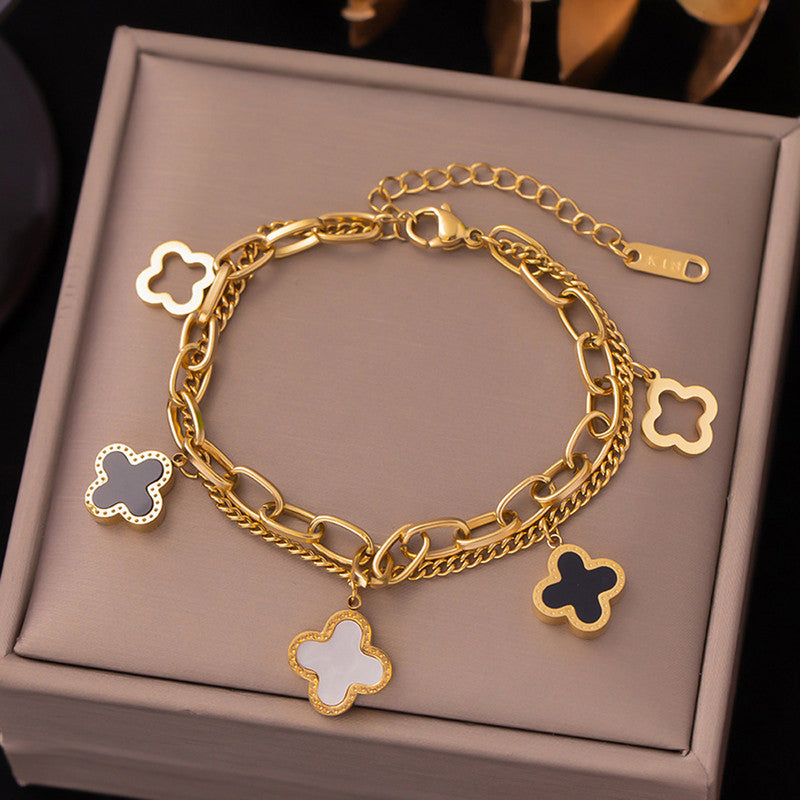 Stainless Steel Gold Plated Mother of Pearls Clover Wraparound Anti-Tarnish Bracelet For Women