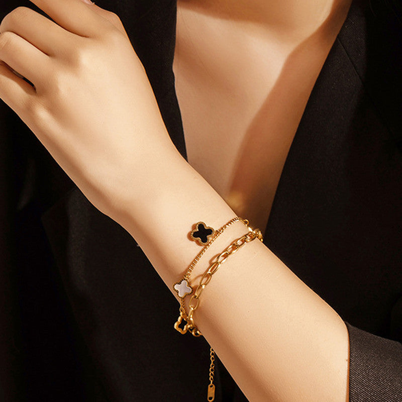 Stainless Steel Gold Plated Mother of Pearls Clover Wraparound Anti-Tarnish Bracelet For Women