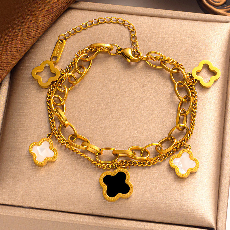 Stainless Steel Gold Plated Mother of Pearls Clover Wraparound Anti-Tarnish Bracelet For Women