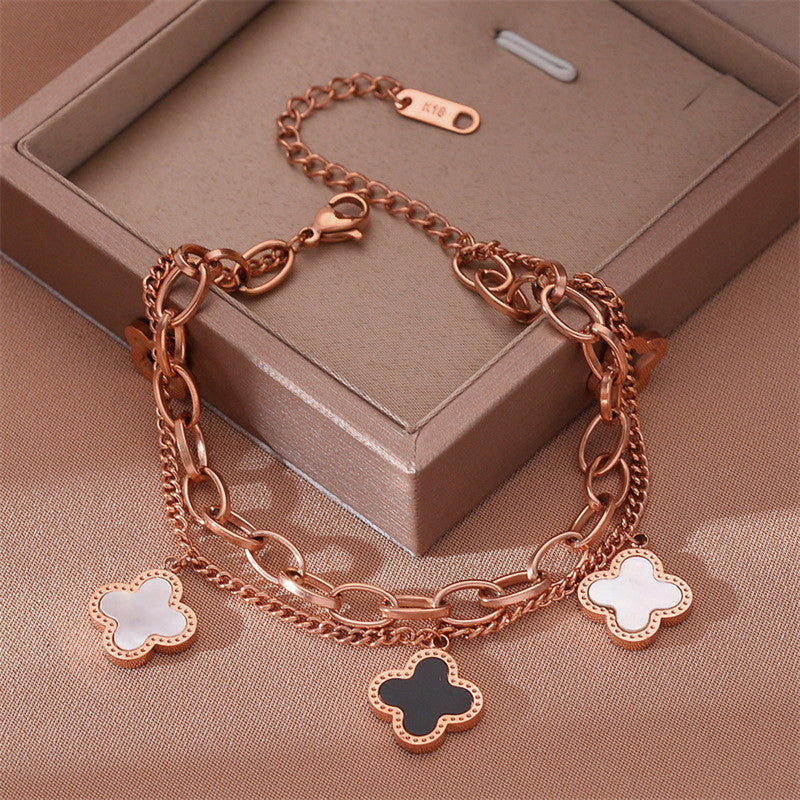 Stainless Steel Rose Gold Plated Mother of Pearls Clover Wraparound Bracelet For Women