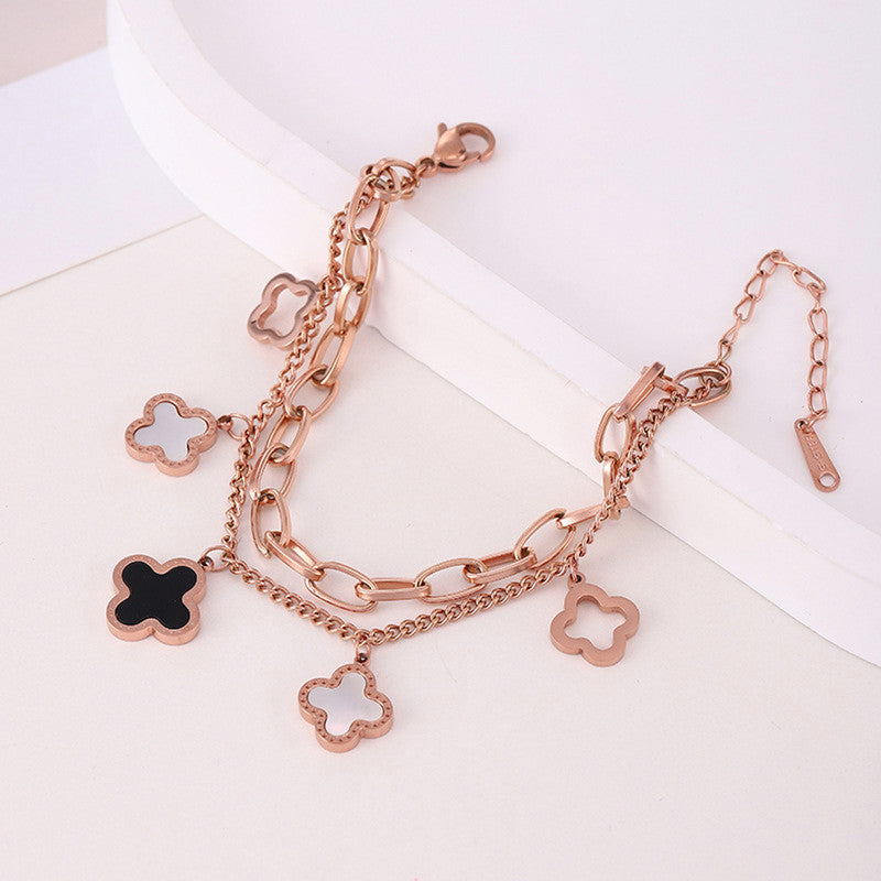 Stainless Steel Rose Gold Plated Mother of Pearls Clover Wraparound Bracelet For Women