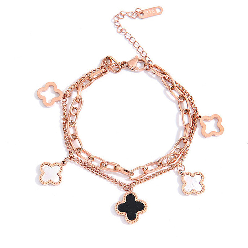 Stainless Steel Rose Gold Plated Mother of Pearls Clover Wraparound Bracelet For Women