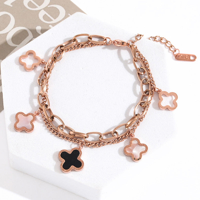 Stainless Steel Rose Gold Plated Mother of Pearls Clover Wraparound Bracelet For Women