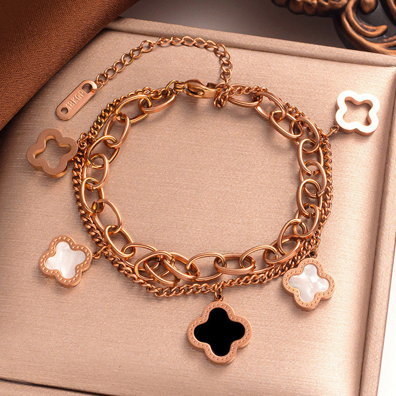 Stainless Steel Rose Gold Plated Mother of Pearls Clover Wraparound Bracelet For Women