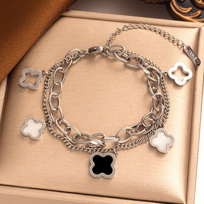 Stainless Steel Silver Plated Mother of Pearls Clover Wraparound Anti-Tarnish Bracelet For Women