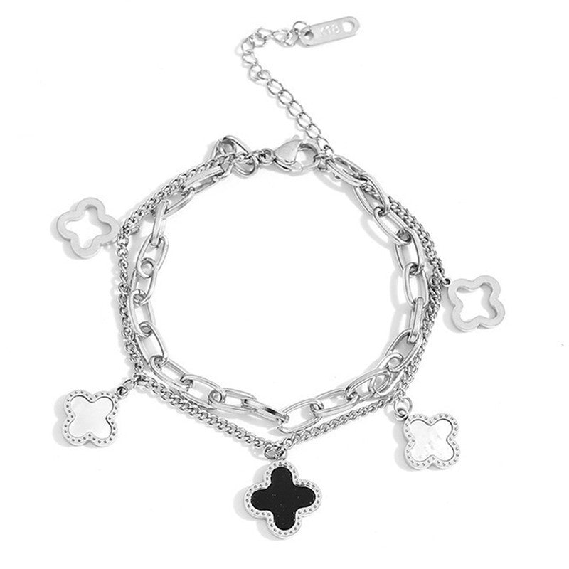 Stainless Steel Silver Plated Mother of Pearls Clover Wraparound Anti-Tarnish Bracelet For Women