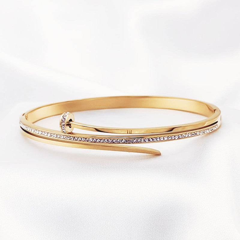 Stainless Steel Gold Plated American Diamond Studded Nail Anti-Tarnish Bracelet For Women